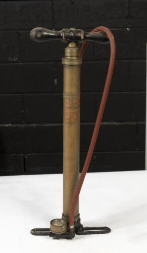 HAND PUMP: An early brass 'Nesthill Air Compressor' hand pump with gauge, 56cm high
