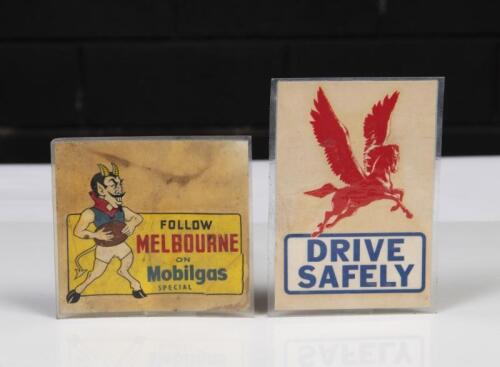 MOBIL: Two Mobil related, 1950s-1960s items, comprising&nbsp;a 'Follow Melbourne on Mobilgas Special' sticker and a Pegasus 'Drive Safely' sticker