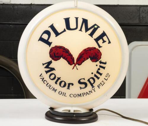 PLUME: A reproduction 'Plume Motor Spirit Vacuum Oil Company Pty. Ltd'&nbsp; 240v illuminated globe, mounted to wooden base
