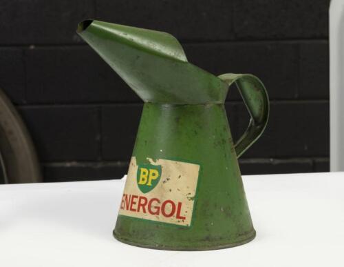 BP: A metal half gallon oil jug with 'BP Energol' advertising to front&nbsp;