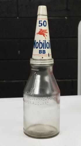 MOBILOIL: A original glass Vacuum Oil Company quart bottle with Mobiloil 'BB' '50' grade, tin top&nbsp;complete with dust cap