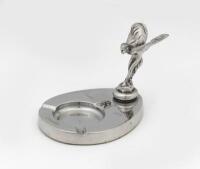 ROLLS-ROYCE: A circa 1970s chrome Rolls-Royce 'Spirit of Ecstasy' ash tray, engraved '1946-1971, J. Ward', thought to have been given to a Rolls-Royce employee as a retirement gift, stands 8cm high, 11cm long
