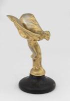 ROLLS-ROYCE: A Rolls-Royce 'Spirit of Ecstasy' mascot mounted to circular wooden base, 16cm high overall