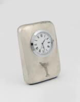 ROLLS-ROYCE: A Rolls-Royce small analogue desk clock with 'Spirit of Ecstasy' embossed to front, 8cm high, 5.5cm wide