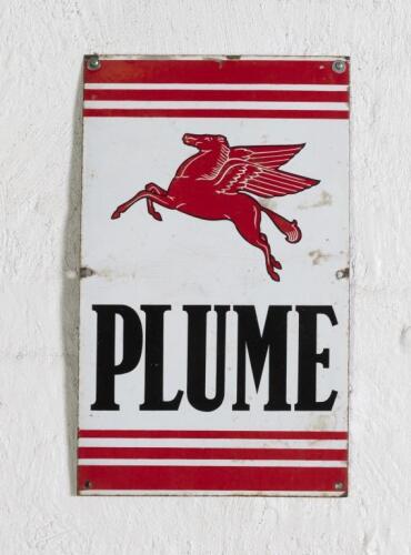 PLUME: An original 'PLUME' enamel sign featuring the 'Flying Pegasus' used for bowsers of the period, 50cm high, 30.5cm wide