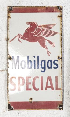 MOBILGAS: An original enamel 'Mobilgas Special' Pegasus sign,&nbsp;as used on petrol pumps of&nbsp;the period, 50cm high, 26cm wide.
