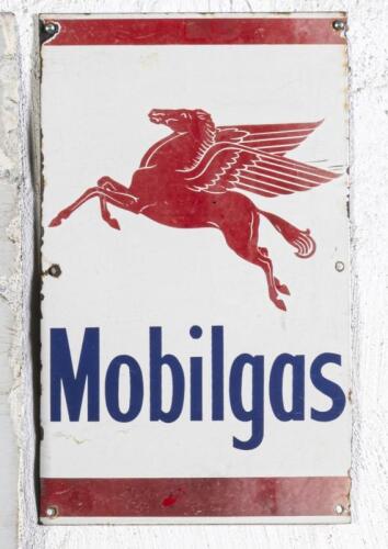 MOBILGAS: An original enamel 'Mobilgas Pegasus' sign&nbsp;originally used on petrol pumps of the period, 50cm high, 30.5cm wide
