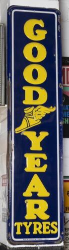 GOODYEAR: A superb embossed enamel 'Goodyear Tyres' vertical sign by Metters K.F.B Melbourne, c1930s. 180cm high, 43cm wide.