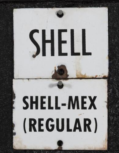 SHELL: Two small enamel Shell indentification signs 'Shell' & 'Shell-Mex (Regular)' as used on petrol pumps, each approx 8cm high, 10.5cm wide