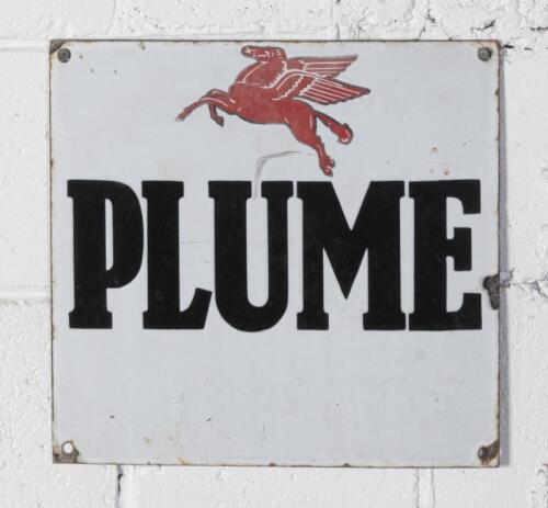 PLUME: An original enamelled 'PLUME' sign featuring 'Flying Pegasus, 29cm high, 30.5cm wide.