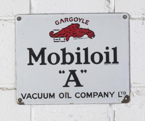 MOBILOIL: An enamel Gargoyle Mobiloil "A" Vacuum Oil Company sign believed to be English 23cm high, 28.5cm wide