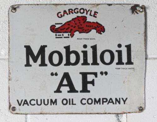 MOBILOIL "AF": An enamel Gargoyle Mobiloil "AF" Vacuum Oil Company sign believed to be English 23cm high, 28.5cm wide