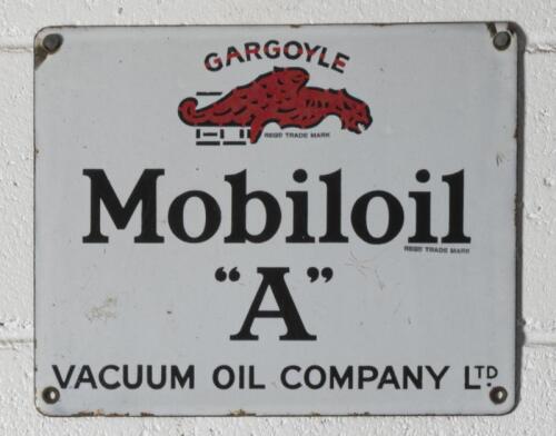 MOBILOIL "A": An enamel Gargoyle Mobiloil "A" Vacuum Oil Company sign believed to be English 23cm high, 28.5cm wide