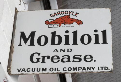 MOBILOIL: An original double sided&nbsp;English 'Gargoyle Mobiloil and Grease. Vaccum Oil Company Ltd.' flange sign by Bruton Palmers Green Enamelers, 40.5cm high, 51cm wide