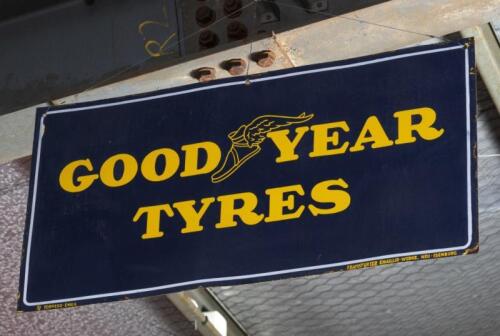 GOODYEAR: A double sided German 'Goodyear Tyres' enamel sign, printed to lower of both&nbsp;sides 'Torpedo-Emaill' - 'Frankfurter Emaillier-Werke, Neu-Isenburg' 46cm high, 91cm wide