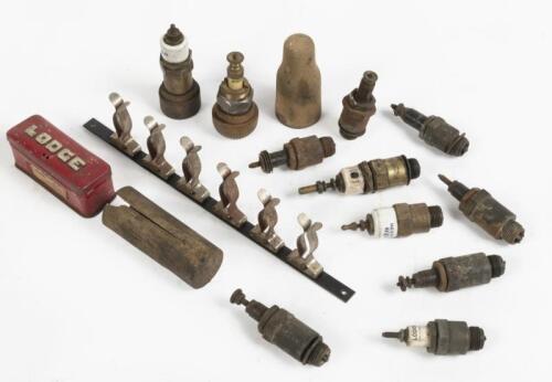 SPARK PLUGS: A box containing several early spark plugs such as Ripaults, Lodge etc, also includes a spark plug holder
