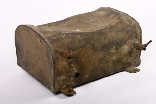 BRASS TANK: A brass tank, purpose unknown, no markings evident, 17cm high, 35cm wide, many dents