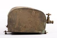 BRASS TANK: A brass tank, purpose unknown, no markings evident, 17cm high, 35cm wide, many dents&nbsp; - 3