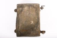 BRASS TANK: A brass tank, purpose unknown, no markings evident, 17cm high, 35cm wide, many dents&nbsp; - 5