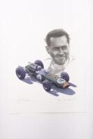 BRABHAM: A limited edition, high quality print by artist Brian Caldersmith, numbered 20 of 200,&nbsp;signed by Jack Brabham and the artist, featuring a portrait of Sir Jack Brabham and his 1965 Brabham BT16