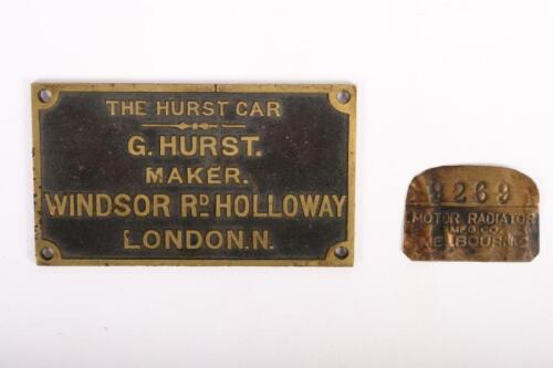 Two Badges Including A 'The Hurst Car' And 'Motor Radiator':