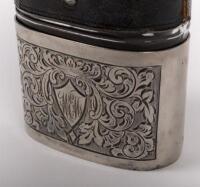 FLASK: A fine leather skinned glass flask with removeable silver plated beaker, 14cm high - 2