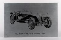 RILEY: A etched metal sign 'The Riley "M.P.H" 6 cylinder 1934', 15cm high, 23cm wide