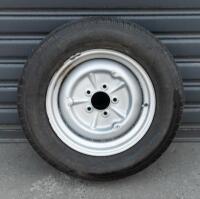 WHEELS: Three early English 14 inch, four stud wheels thought to be from a Morris Minor model, also includes one 15 inch, five stud wheel - 2