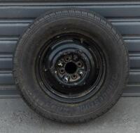 WHEELS: Three early English 14 inch, four stud wheels thought to be from a Morris Minor model, also includes one 15 inch, five stud wheel - 8