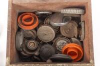 CAPS: A box of assorted, mostly early, fuel caps and radiator caps - 3