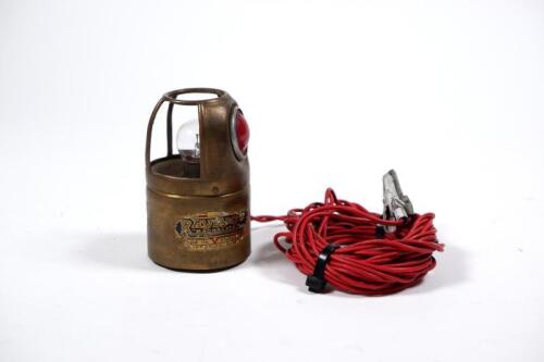 INSPECTION LAMP: A small brass 'Magnalite' by Raydyot magnetised inspection lamp, with lengthy wire and attached crocodile clips; height of 9cm