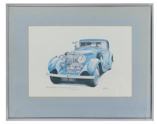 ROLLS-ROYCE: A framed & glazed water colour drawing of a 1934 Rolls-Royce Continental Coupe de&nbsp;Ville by H.J. Mulliner, 25cm high, 35cm wide