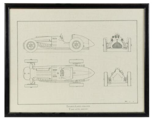TALBOT LAGO: A framed & glazed design drawing of a 1948-1951 Talbot Lago, T26C 6cylinder 4483CC model, 28cm high, 37cm wide