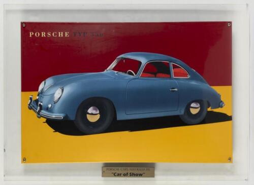 PORSCHE: A 2002 limited edition [291/1000] enamel Porsche Type 356 convex sign mounted on clear perspex base, with plaque below 'Porsche Cars Australia P/L - 'Car of Show', 40cm high, 60cm wide