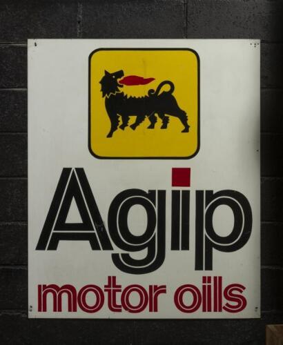 AGIP: A large c1980s 'Agip&nbsp;motor oils' tin sign, 109cm high, 90cm wide&nbsp;