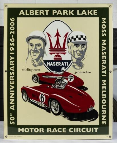 ALBERT PARK: A limited edition (32/100) commemorative enamel sign for the 1956-2006&nbsp;Albert Park Lake Motor Race Circuit 50th&nbsp;anniversary, featuring Striling Moss and Jean Behra and their Maserati racing cars, 80cm high, 65cm wide
