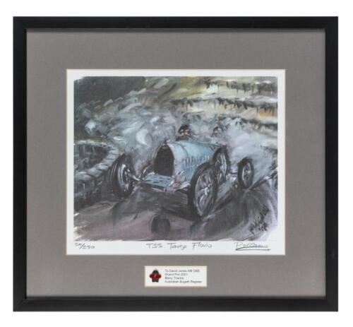 BUGATTI: A framed and glazed limited edition [20/250]&nbsp; painting of a Type 35 Bugatti Targa Florio by artist Peter McGann 29cm high, 40cm wide (visible)