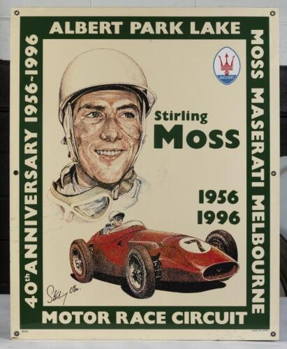 ALBERT PARK: A limited edition (78/100) commemorative enamel sign for the 1956-1996 Albert Park Lake Motor Race Circuit 40th&nbsp;anniversary, featuring Striling Moss and his Maserati racing car, 80cm high, 65cm wide&nbsp;
