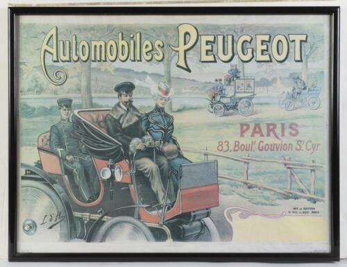 PEUGEOT: A glazed and framed reproduction&nbsp;promotional poster for 'Automobiles Peugeot', 53cm high, 69cm wide