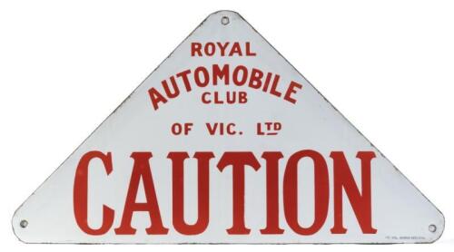 R.A.C.V.: A Royal Automobile Club of Vic Ltd "Caution" triangle shaped enamel sign, manufactured by Vic Enamel Works Geelong, 43cm high, 81cm wide