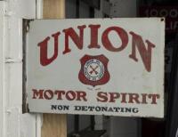 ATLANTIC: A late 1920s early 1930s&nbsp;original&nbsp;double sided 'Union Motor Spirit' enamel flange sign 37.5cm high, 55cm - 2