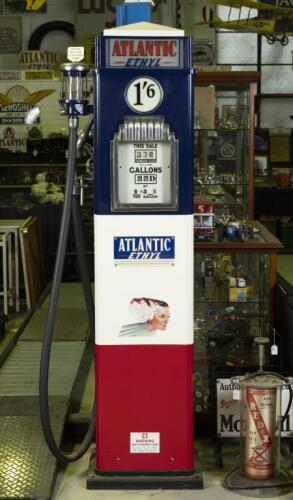 ATLANTIC: An excellent restored Gilbert & Barker 'Gilbarco' Model 'CMS' petrol pump in 'Atlantic Ethyl' livery