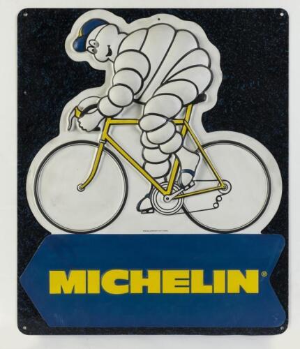 MICHELIN: A interesting Italian Michelin dealers promotional thin embossed plastic sign for Michelin Bicycle tyres, mounted to metal backing, 60cm high, 50cm wide