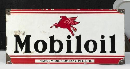 MOBIL: A original Australian Mobiloil ten bottle rack front enamelled sign, 27cm high, 58.5cm wide