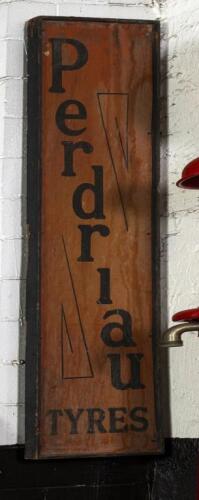PERDRIAU: An interesting early tin 'Perdriau Tyres' sign in timber frame, 186cm high, 49cm wide, likely pre 1929 before Dunlop merger&nbsp;