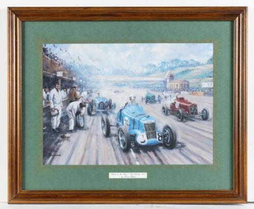 BROOKLANDS: A print by Kevin Walsh - 'Back in the Race - Brooklands 1935'; framed and glazed, measures approximately 46cm high, 56cm wide overall