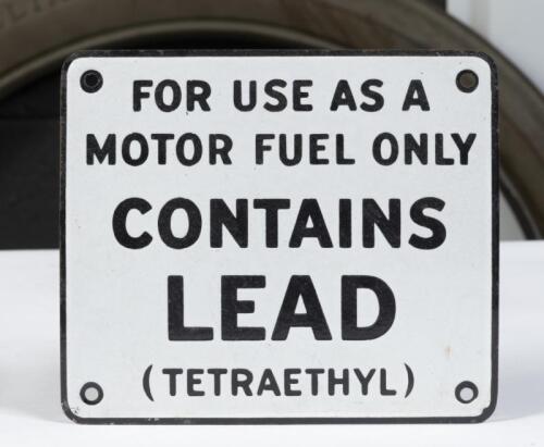FUEL: A small thin enamel Lead Fuel Warning sign as attached to pumps which dispense Tetraethyl leaded fuels, made&nbsp;by Ingram-Richardson MFG Co. Beaver Falls, PA. 15cm high, 18cm wide