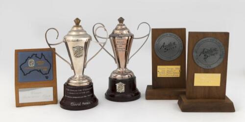 TROPHIES: A group of five trophies, two MG Car Club trophies, dated 1978 and 1980 and three from the Austin Seven Club dated 1979 & 1988