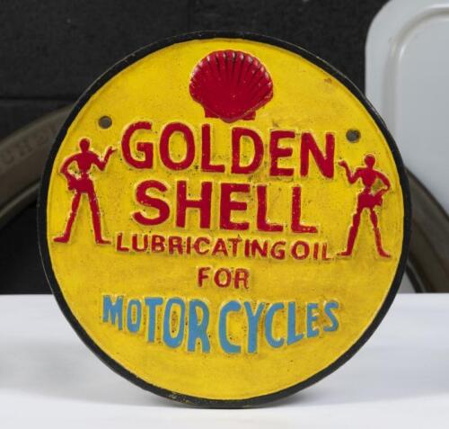 GOLDEN SHELL: A reproduction cast 'Golden Shell Lubricating Oil For Motorcycles' "stickman"&nbsp;round sign 23.5cm diameter