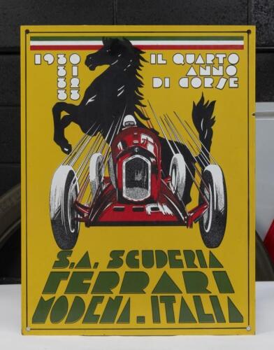 SCUDERIA FERRARI: A high quality enamel sign featuring artwork from the 1933 Scuderia Ferrari Year Book 'Il Quarto&nbsp;Anno Di Corse' 55cm high, 38 cm wide.